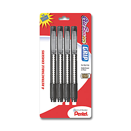 Pentel® Clic Erasers®, Black Barrel, Pack Of 4