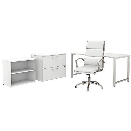 Bush Business Furniture 400 Series 60"W Table Desk And Chair Set With Storage, White, Standard Delivery