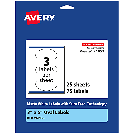 Avery® Permanent Labels With Sure Feed®, 94052-WMP25, Oval, 3" x 5", White, Pack Of 75