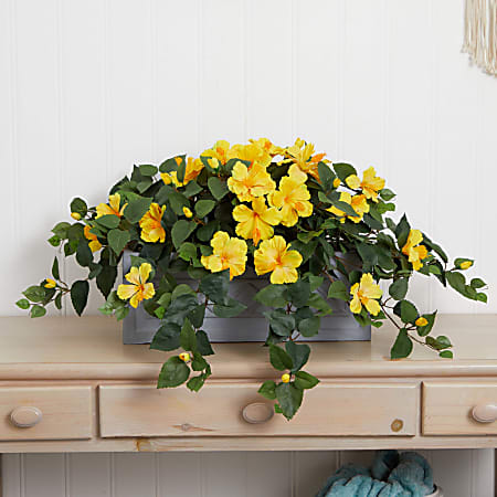 Nearly Natural 18"H Hibiscus Artificial Plant With Planter, 18"H x 28"W x 15"D, Gray/Yellow