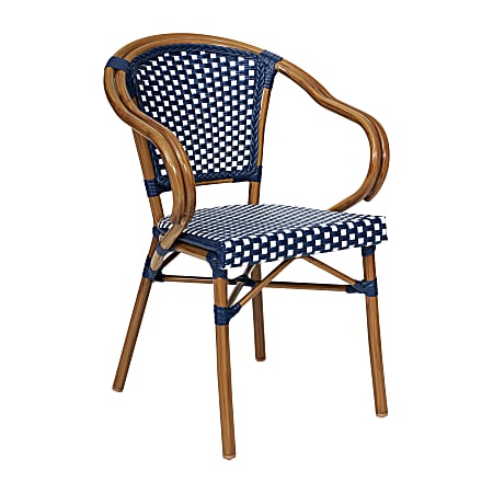 Flash Furniture Bordeaux Indoor/Outdoor Commercial Bistro Stacking Chair with Arms, PE Rattan and Bamboo Print Aluminum Frame, Navy & White/Natural Frame