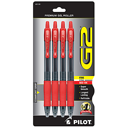 Pilot G2 Retractable Gel Pens, Fine Point, 0.7 mm, Clear Barrels, Red Ink, Pack Of 4