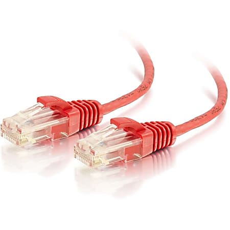 C2G 1ft Cat6 Snagless Unshielded (UTP) Slim Ethernet Cable - Cat6 Network Patch Cable - PoE - Red - 1 ft Category 6 Network Cable for Network Device - First End: 1 x RJ-45 Network - Male - Second End: 1 x RJ-45 Network - Male - Patch Cable - 28 AWG - Red