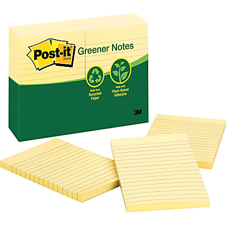 Post-it Greener Notes, 4 in x 6 in, Canary Yellow, Lined - 1200 - 4"x6" - Rectangle - 100 Sheets per Pad - 660RPYW
