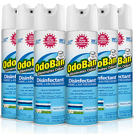 OdoBan Odor Eliminator Disinfectant 360° Spray, Fresh Linen, 14.6 Oz, Pack Of 6 Bottles