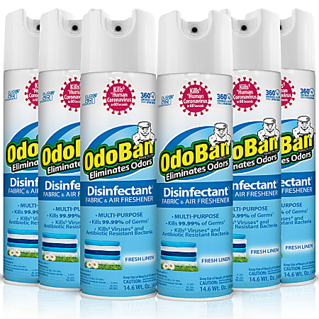 OdoBan Odor Eliminator Disinfectant 360° Spray, Fresh Linen, 14.6 Oz, Pack Of 6 Bottles