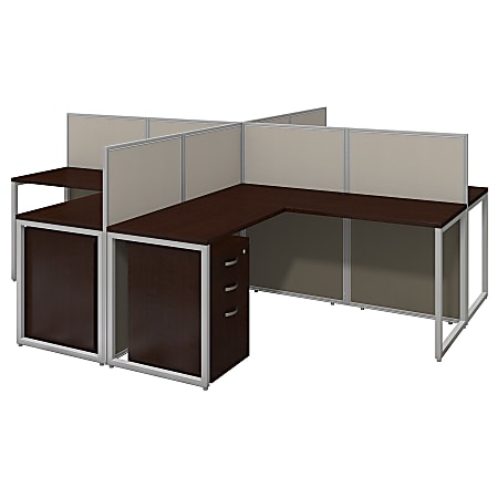 Bush Business Furniture Easy Office 60"W 4-Person L-Desk Open Office With Four 3-Drawer Mobile Pedestals, 44 15/16"H x 119 1/8"W x 119 1/8"D, Mocha Cherry, Standard Delivery