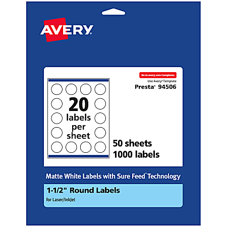 Avery® Permanent Labels With Sure Feed®, 94506-WMP50, Round, 1-1/2" Diameter, White, Pack Of 1,000