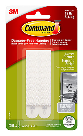 Command™ Damage-Free Picture Hanging Strips, Narrow, White, Pack Of 4 Pairs