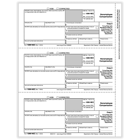 ComplyRight® 1099-NEC Tax Forms, Payer Copy C, 3-Up, Laser, 8-1/2" x 11", Pack Of 75 Forms