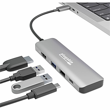 Plugable USB C Hub Multiport Adapter 4 in 1 100W Pass Through Charging USB C to HDMI 4K 60Hz Multi USB Port Hub for Windows Mac Ipad Pro
