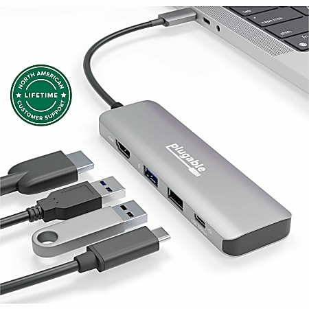 Plugable USB C Hub Multiport Adapter, 4 in 1, 100W Pass Through Charging USB C to HDMI 4K 60Hz - Multi USB Port Hub  - USBC4IN1