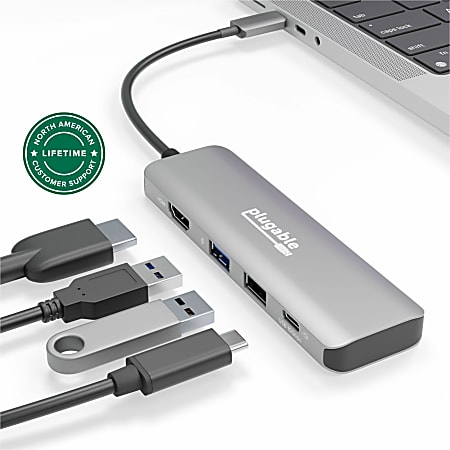 Plugable USB C Hub Multiport Adapter, 4 in 1, 100W Pass Through Charging USB C to HDMI 4K 60Hz - Multi USB Port Hub  - USBC4IN1