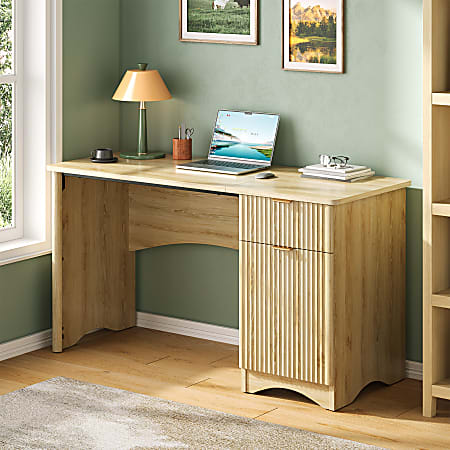 Bestier 48"W Writing Computer Desk With Drawer And Adjustable Storage Cabinet, Natural Oak