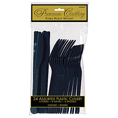 Amscan Premium Plastic Assorted Cutlery Packs, True Navy, 24 Pieces Per Pack, Set Of 5 Packs
