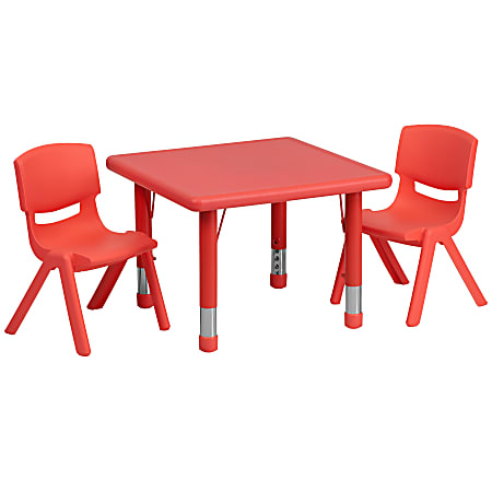 Flash Furniture Square Plastic Height-Adjustable Activity Table Set With 2 Chairs, 23-3/4" x 24", Red