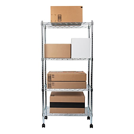 Mind Reader Alloy Collection Metal Adjustable 4-Tier Industrial Storage Shelves with Wheels, 49-1/2"H x 13-1/2"W x 23-1/4"L, Silver
