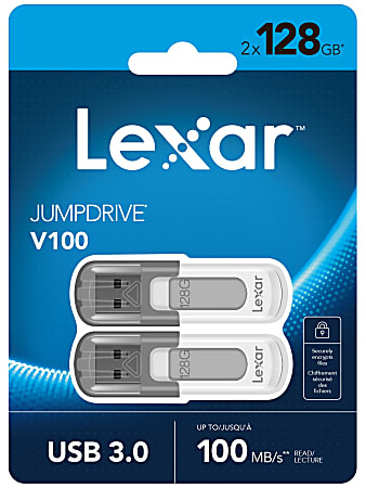 Lexar® JumpDrive V100 USB 3.0 Flash Drives, 128GB, Gray, Pack Of 2 Flash Drives