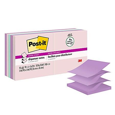 Post-it Super Sticky Pop Up Notes, 3 in x 3 in, 10 Pads, 90 Sheets/Pad, 2x the Sticking Power, Wanderlust Pastels Collection