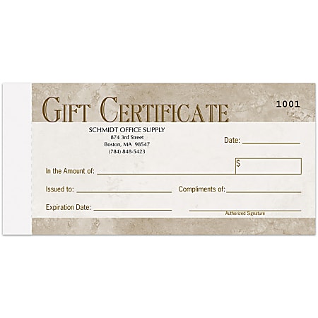 Gift Certificates, 7" x 3 5/8", 2-Part, Tan, Box Of 50