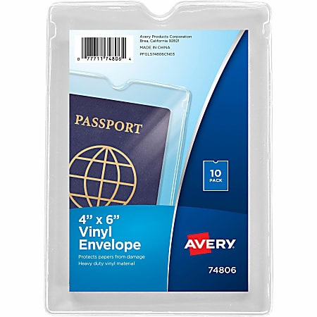 Avery® Vinyl File Envelopes, Passbook/Passport Holder, Holds Up To 30 Sheets, 4" x 6", Clear, 10 Vinyl Envelopes