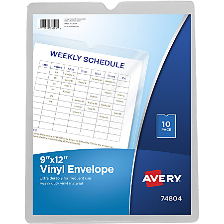 Avery® File Envelopes, Travel Document Organizer, Holds Up To 60 Sheets, 9" x 12", Clear, 10 Vinyl Envelopes