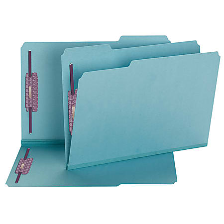 Smead® Color Pressboard Fastener Folders With SafeSHIELD® Coated Fasteners, Legal Size, 1/3 Cut, 50% Recycled, Blue, Box Of 25