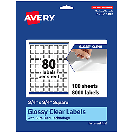 Avery® Glossy Permanent Labels With Sure Feed®, 94102-CGF100, Square, 3/4" x 3/4", Clear, Pack Of 8,000