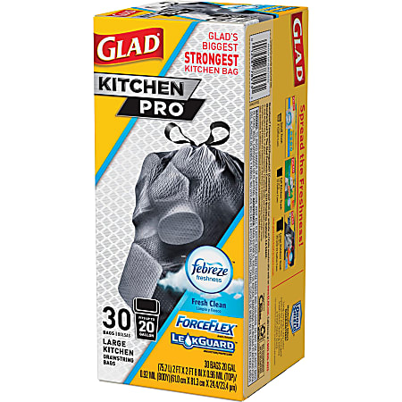 Glad ForceFlexPlus XL X Large Kitchen Drawstring Trash Bags Fresh Clean  with Febreze Freshness Large Size 20 gal 24.02 Width x 32.01 Length Gray  1Each 30 Per Box Garbage Office Kitchen - Office Depot