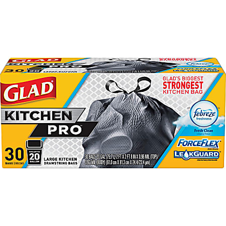 Glad ForceFlexPlus XL X Large Kitchen Drawstring Trash Bags Fresh Clean  with Febreze Freshness Large Size 20 gal 24.02 Width x 32.01 Length Gray  1Each 30 Per Box Garbage Office Kitchen - Office Depot