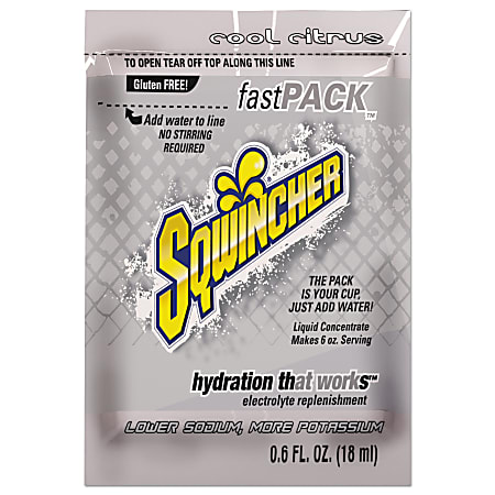 Sqwincher Fast Pack® Electrolyte Replenishment Concentrate, Cool Citrus, 0.6 Oz, Case of 200