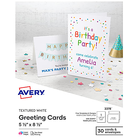 Avery® Half-Fold Textured Printable Greeting Cards, 5.5" x 8.5", White, 30 Blank Cards With Envelopes