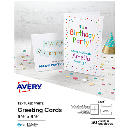 Avery® Half-Fold Textured Printable Greeting Cards, 5.5" x 8.5", White, 30 Blank Cards With Envelopes