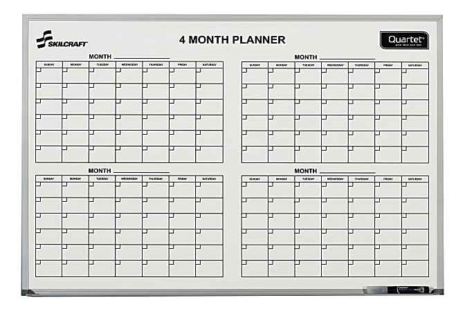 SKILCRAFT Dry Erase 4 Month Planner Whiteboard 24 x 36 Aluminum Frame With Silver Finish AbilityOne 7110 01 555 0295 Office Depot