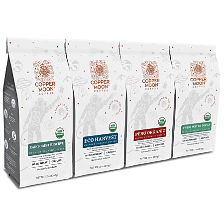 Copper Moon Ground Coffee, Organic Variety Pack, 12 Oz Bag, Pack Of 4 Bags