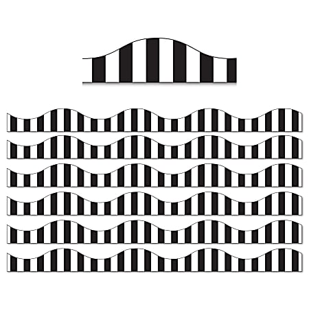 Ashley Productions Magnetic Scallop Border, Black Vertical Stripes On White, 12' Per Pack, Set Of 6 Packs