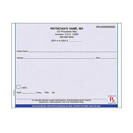Custom Horizontal Prescription Pads, Blue, 1 Part, 5-1/2" x 4-1/4", 100 Sheets Per Pad, 4 pads