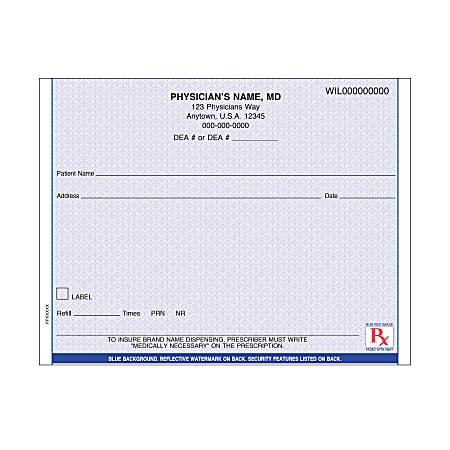Custom Standard Security RX Prescription Pads, Horizontal Format With State Restrictions – Blue, 5-1/2" x 4-1/4",100 Sheets, 4 Pad Box