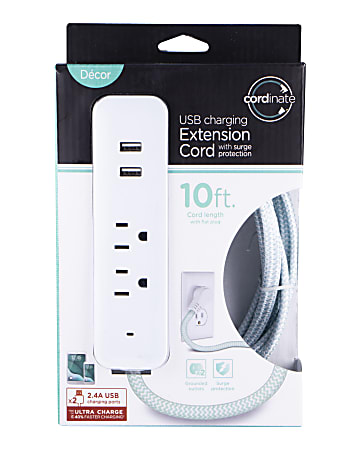 Cordinate 4-Outlet 16-Gauge USB Extension Cord With Surge Protection, 10', Mint/White