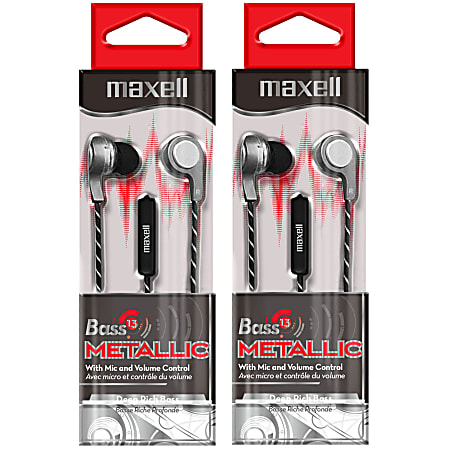Maxell® Bass13 Metallic Earbuds With Mic & Volume Control, Silver, Pack Of 2 Pairs Of Earbuds