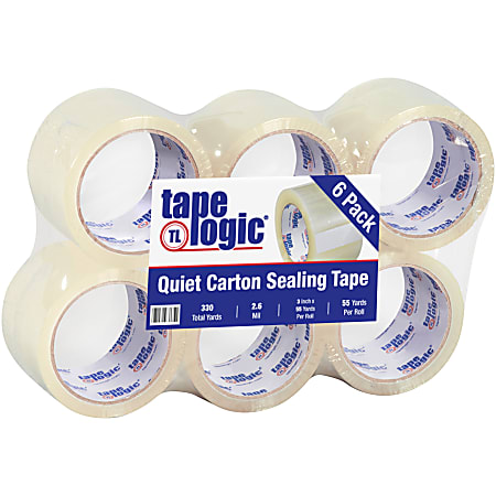 Tape Logic® Quiet Carton-Sealing Tape, 3" Core, 2.6 -Mil, 3" x 55 Yd., Clear, Pack Of 6