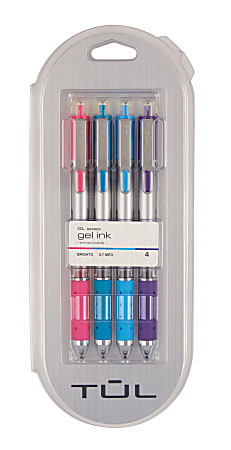 TUL® Retractable Gel Pens, Medium Point, 0.7 mm, Silver Barrel, Assorted Ink, Pack Of 4