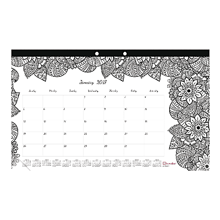 Blueline® DoodlePlan™ Coloring Monthly Desk Pad Calendar, 17 3/4" x 10 7/8", 50% Recycled, FSC Certified, Botanica, January-December 2017