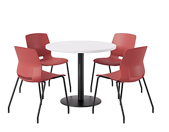 KFI Studios Midtown Pedestal Round Table Set With Armless Chairs, 31-3/4”H x 22”W x 19-3/4”D, Designer White Top/Black Base/Coral Chairs, 840031938701