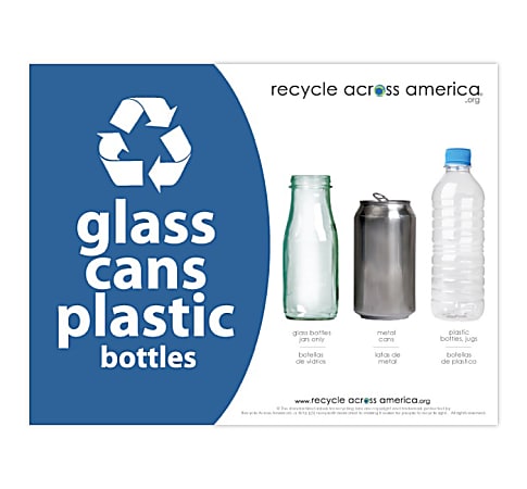 Recycle Across America Glass, GCP-8511, Cans And Plastics Standardized Recycling Label, 8 1/2" x 11", Blue