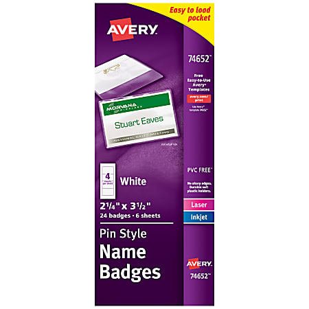 Avery® Customizable Name Badges With Pins, Rectangle, 74652, 2.25" x 3.5", White, 24 Pin Badge Holders And Printable Name Tag Inserts