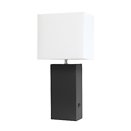 Elegant Designs Modern Leather Table Lamp with USB, 21"H, White Shade/Black