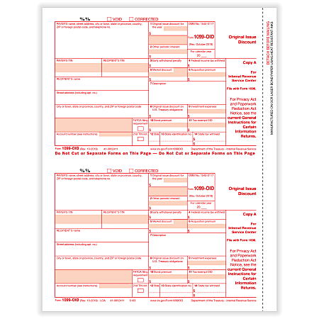 ComplyRight™ 1099-OID Tax Forms, 2-Up, Federal Copy A, Laser, 8-1/2" x 11", Pack Of 100 Forms