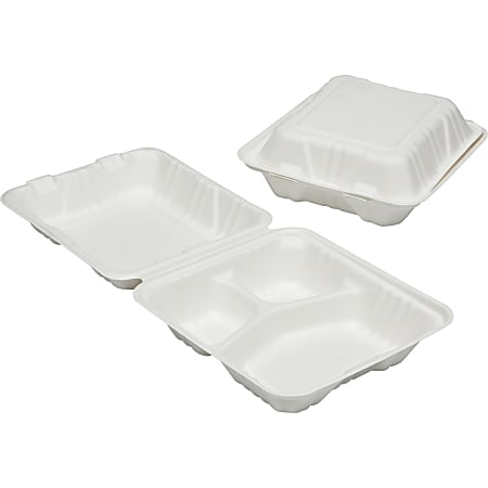 SKILCRAFT 3-Compartment Hinged Lid Tray - Microwave Safe - White - Wood Pulp Body - 200 / Carton - TAA Compliant