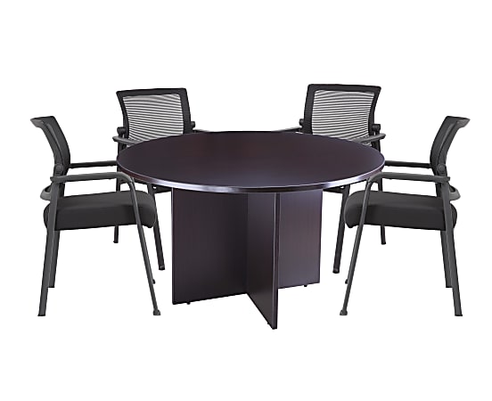 Boss Office Products 47" Round Table And Mesh Guest Chairs Set, Mocha/Black